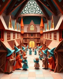 Discover an intricate origami-style illustration of a magical school brimming with young wizards.  The warm terracotta and co