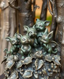 Discover an adorable cast bronze sculpture featuring a charming group of friends with unique powers exploring a mystical fore