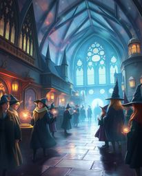 Discover an ethereal rendering of a magical school brimming with young wizards.  This enchanting artwork evokes a dreamlike a