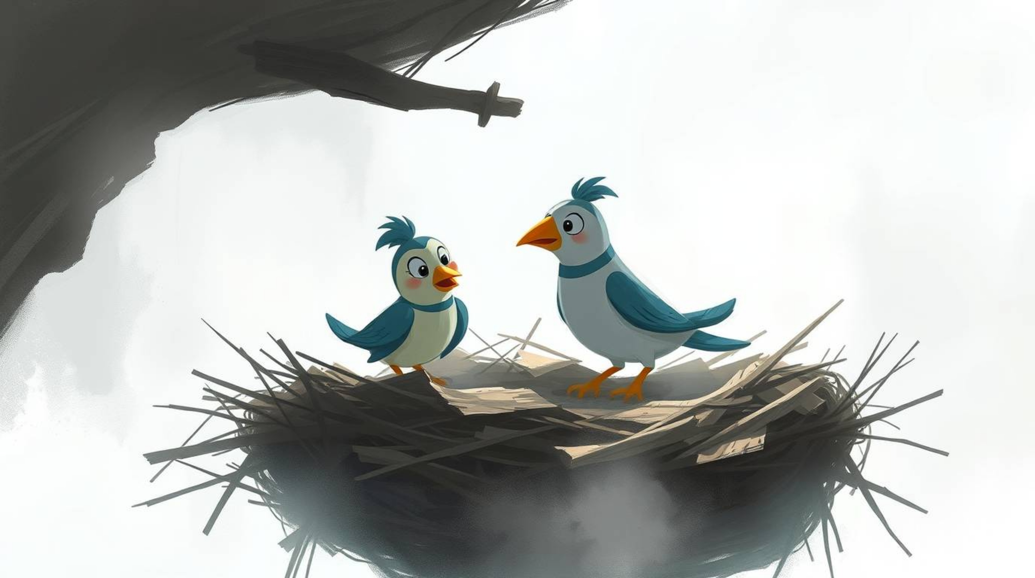 A captivating digital sketch showcases two cartoon birds diligently constructing a nest. Rendered in a classic animation sty