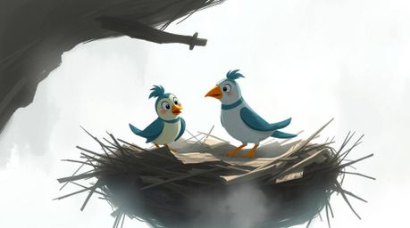 A captivating digital sketch showcases two cartoon birds diligently constructing a nest.  Rendered in a classic animation sty