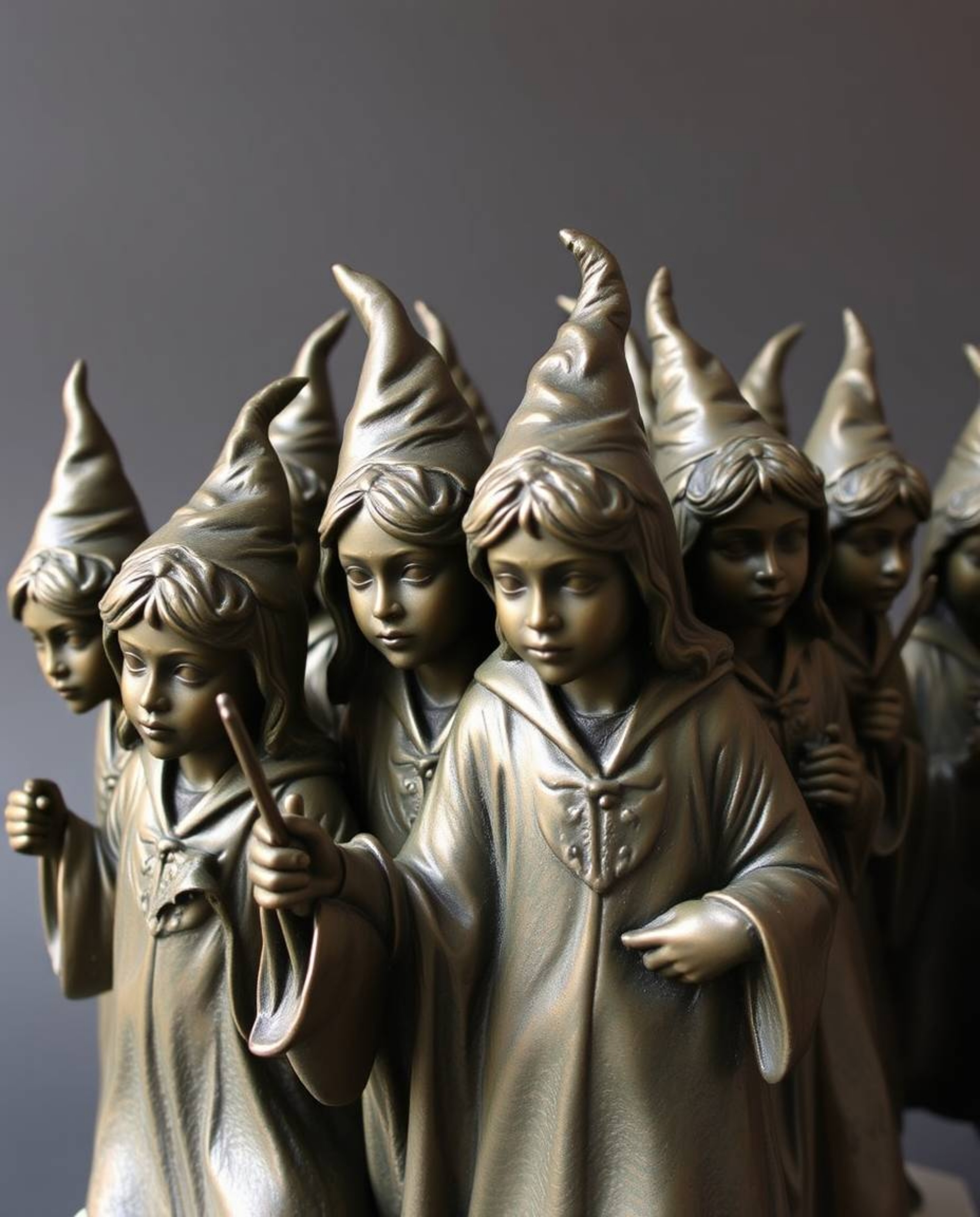 This cast bronze sculpture depicts a magical school teeming with young wizards, captured in graceful and elegant poses. The p