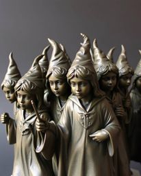 This cast bronze sculpture depicts a magical school teeming with young wizards, captured in graceful and elegant poses. The p