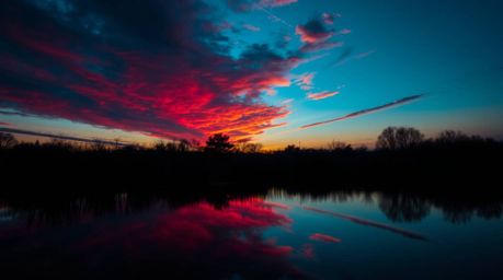 A stunning professional photograph captures the rich reflection of a burgundy and deep blue sunset in a tranquil pond.  Style