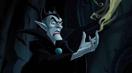 A captivating image of a classic Disney villain, rendered in a moody chiaroscuro style.  The villain casts a spell within a g