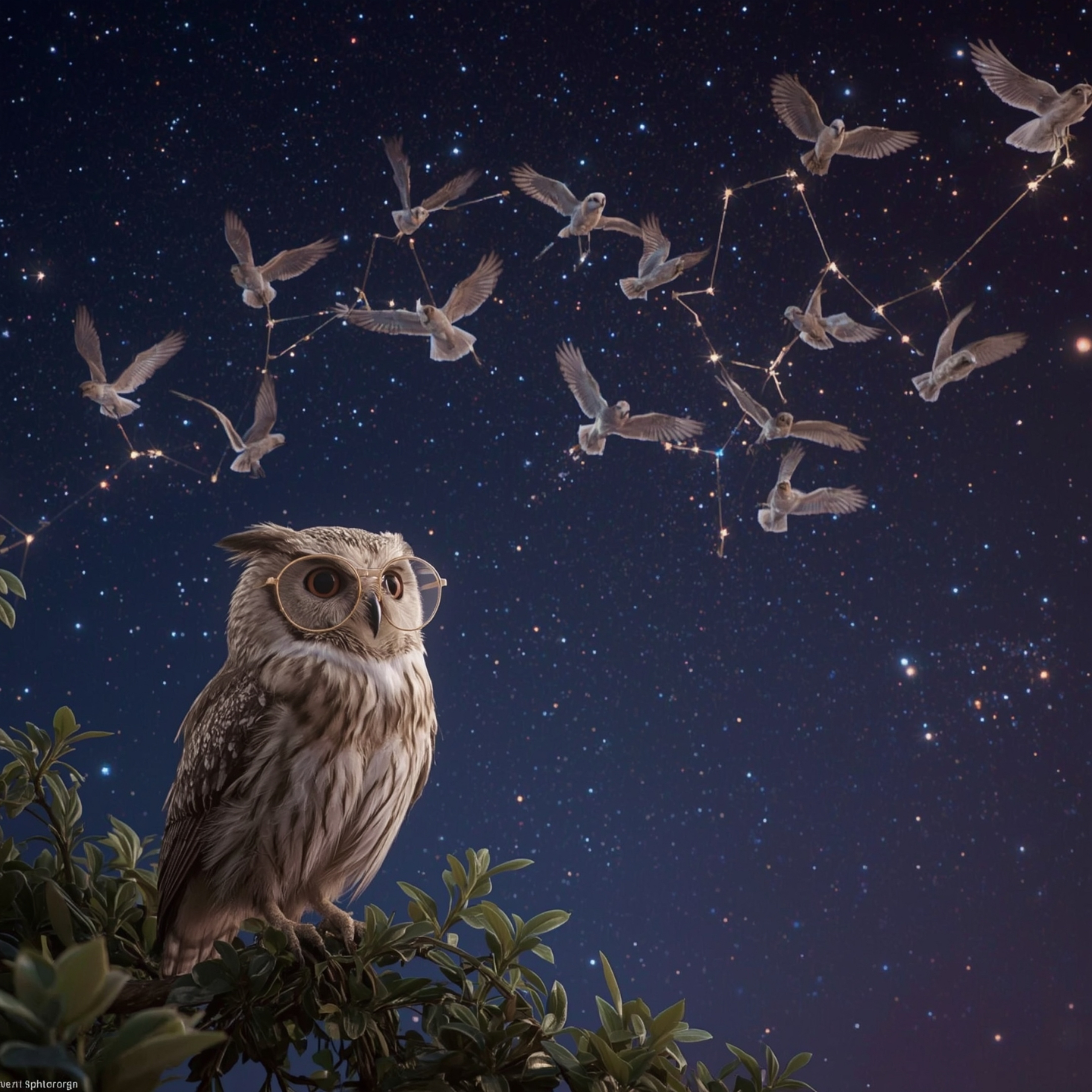 A whimsical and elegant high-fashion photography captures a blind owl, Pixar-style, perched on a branch overlooking a starry 