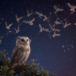 A whimsical and elegant high-fashion photography captures a blind owl, Pixar-style, perched on a branch overlooking a starry 
