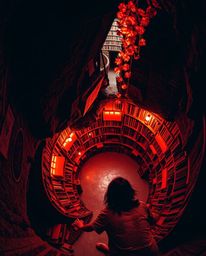 A captivating high-angle photograph depicts a person's exciting discovery of a hidden underground library. The scene is satur