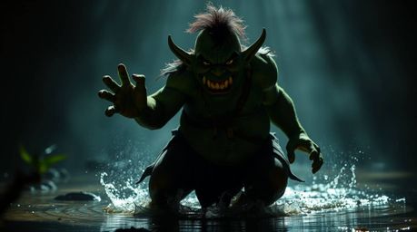 A mischievous ogre dances energetically in a swamp, bathed in high-contrast, low-key lighting.  Bright, vibrant colors pop ag