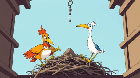 Precise architectural color photography showcasing two cartoon birds meticulously constructing a nest.  Rendered in a classic