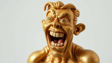 This artwork depicts a hilarious gross-out comedy moment.  Exaggerated facial expressions are sculpted in vibrant, golden-lay