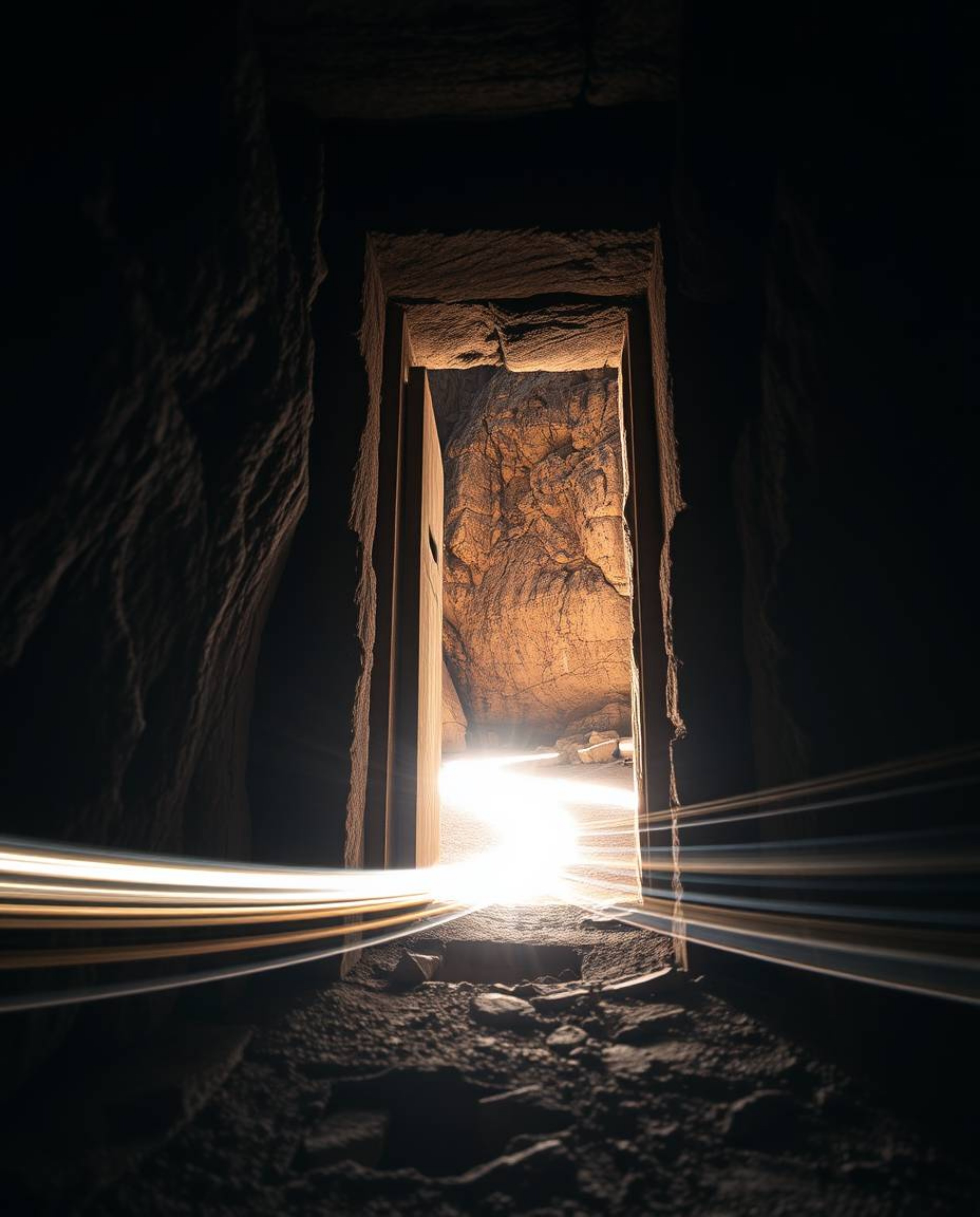 A tight close-up, long exposure photograph of an ancient doorway, etched with glowing runes, nestled into the side of a mount