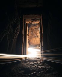 A tight close-up, long exposure photograph of an ancient doorway, etched with glowing runes, nestled into the side of a mount
