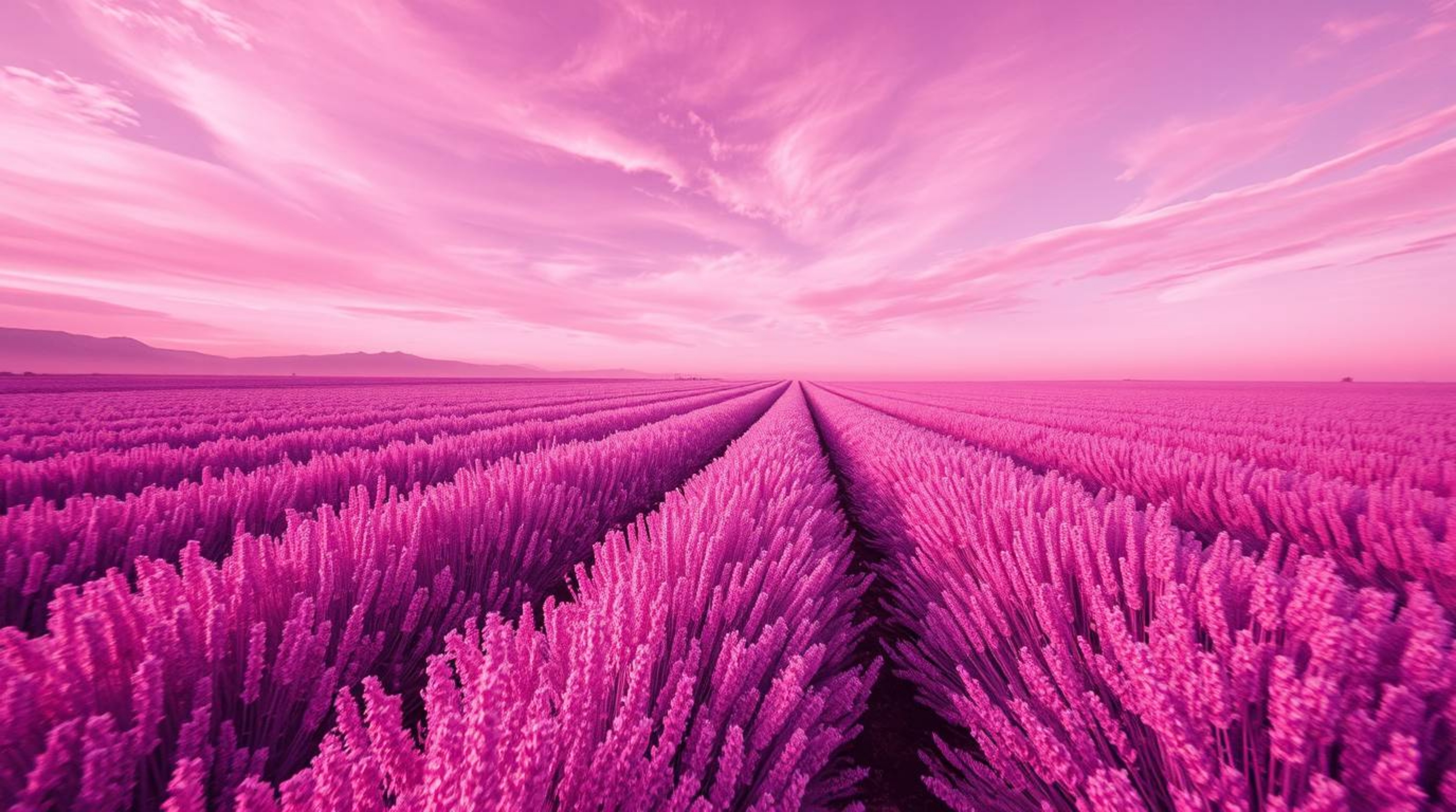 Experience a surreal landscape captured from a high-angle perspective, showcasing lavender fields glowing under a dreamy pink