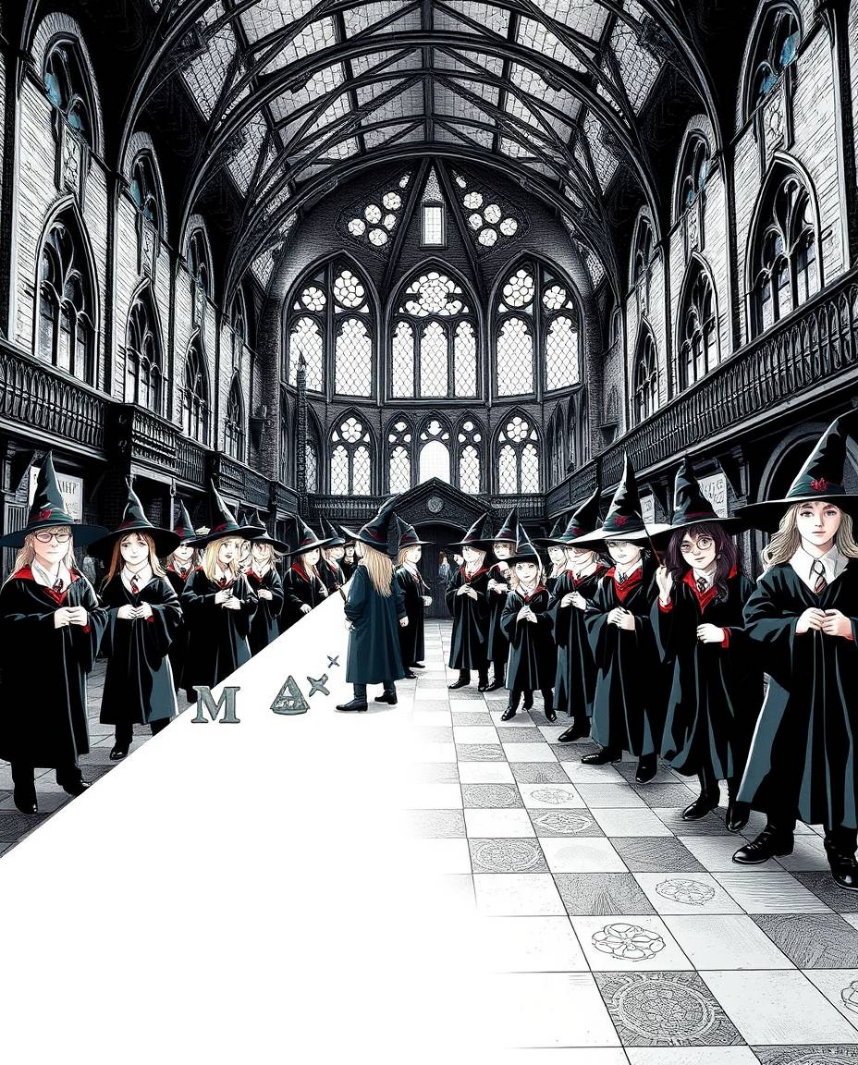 Discover a captivating illustration of a magical school teeming with young wizards.  The artwork utilizes a striking split co