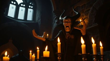 Immerse yourself in a cinematic scene featuring a classic Disney villain casting a powerful spell within the ancient walls of