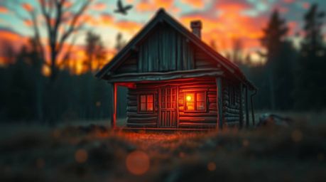 A captivating surreal digital painting showcases an old wooden cabin bathed in the warm glow of a dramatic sunset.  The image