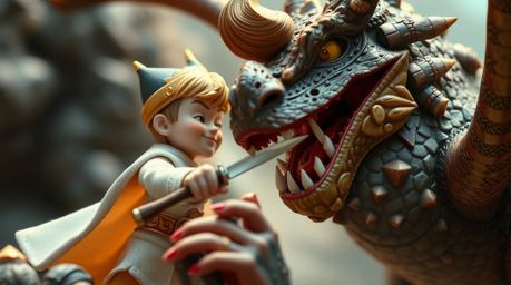 Experience a dreamlike journey into a surreal world with an extreme macro close-up of a charming prince locked in a fierce ba