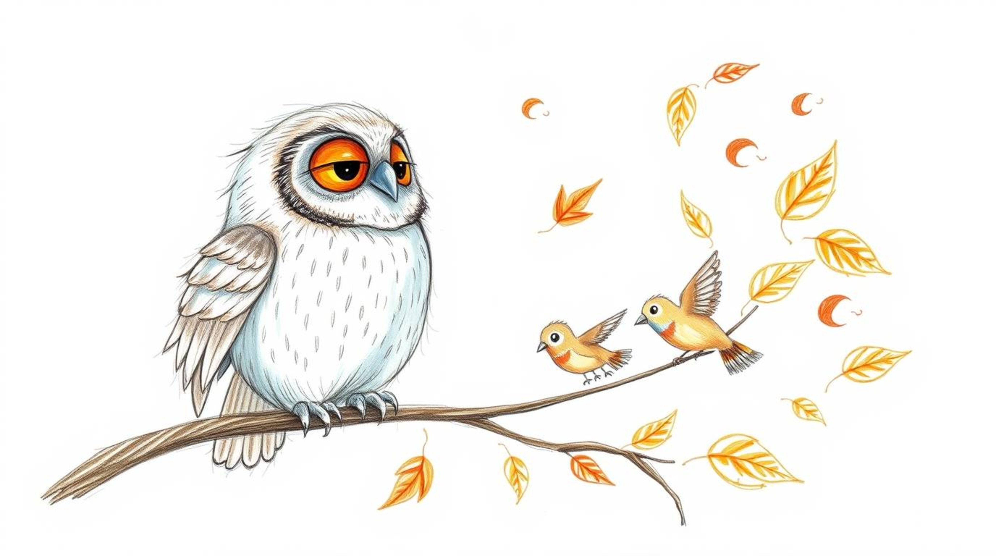 A heartwarming hand-drawn sketch in the style of Pixar depicts a blind owl with soft, downy feathers imparting the skill of f