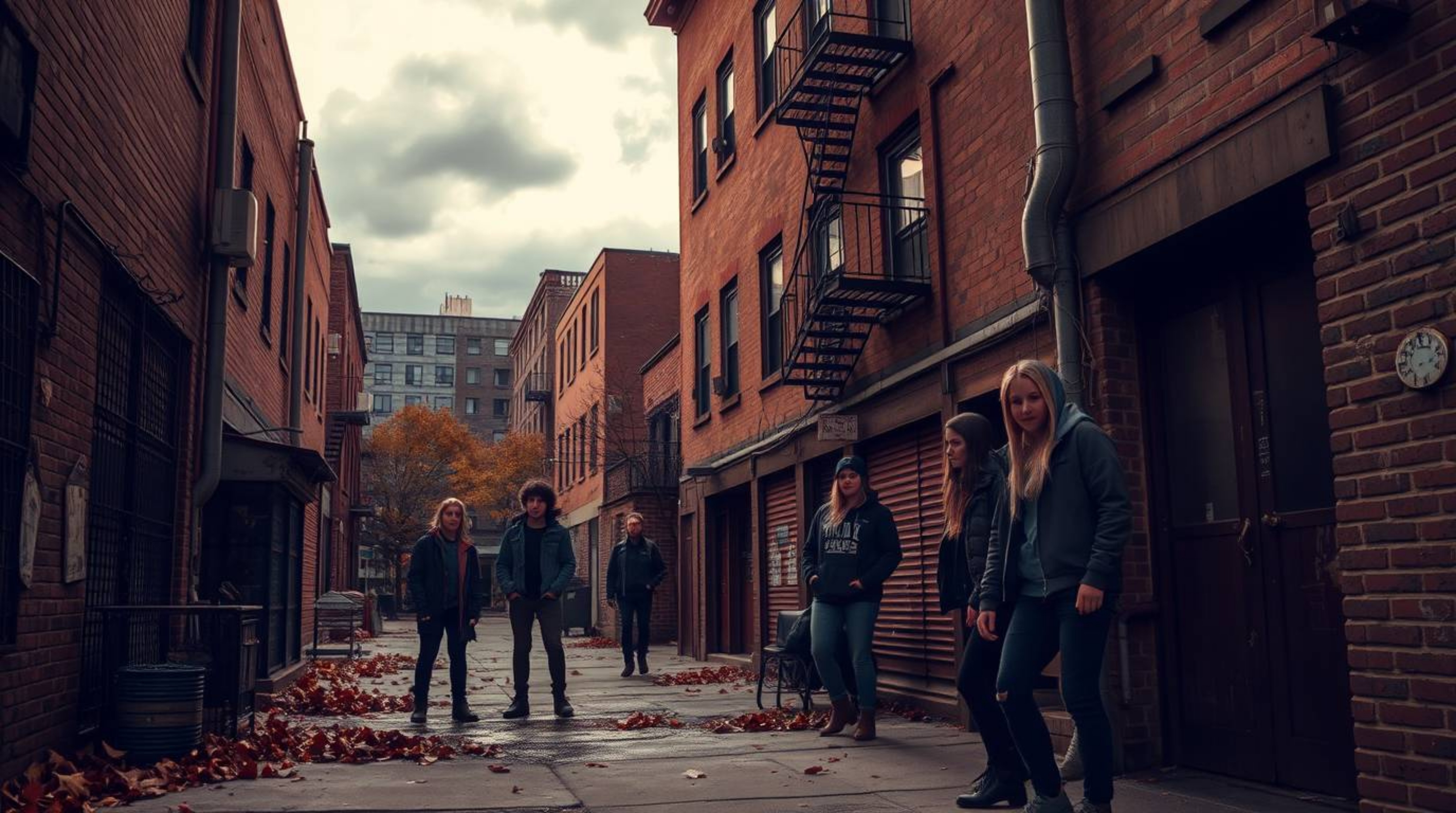 A captivating high-tension photograph depicts a grungy city alleyway teeming with rebellious teenagers.  Warm autumnal colors