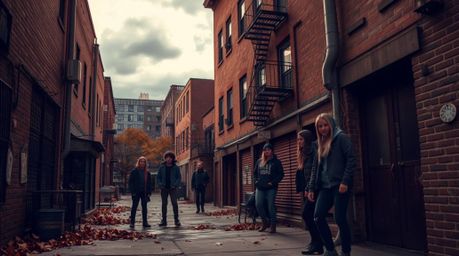 A captivating high-tension photograph depicts a grungy city alleyway teeming with rebellious teenagers.  Warm autumnal colors