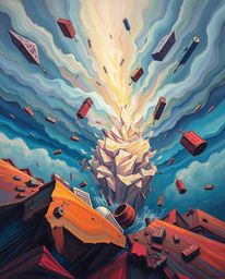 This bold acrylic painting captures a surreal storm scene with flying objects and broken gravity, rendered with smooth gradie
