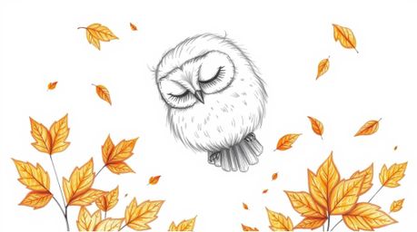 A hand-drawn pencil sketch in the style of Pixar portrays a blind owl with soft, feathery plumage gently spiraling downwards 