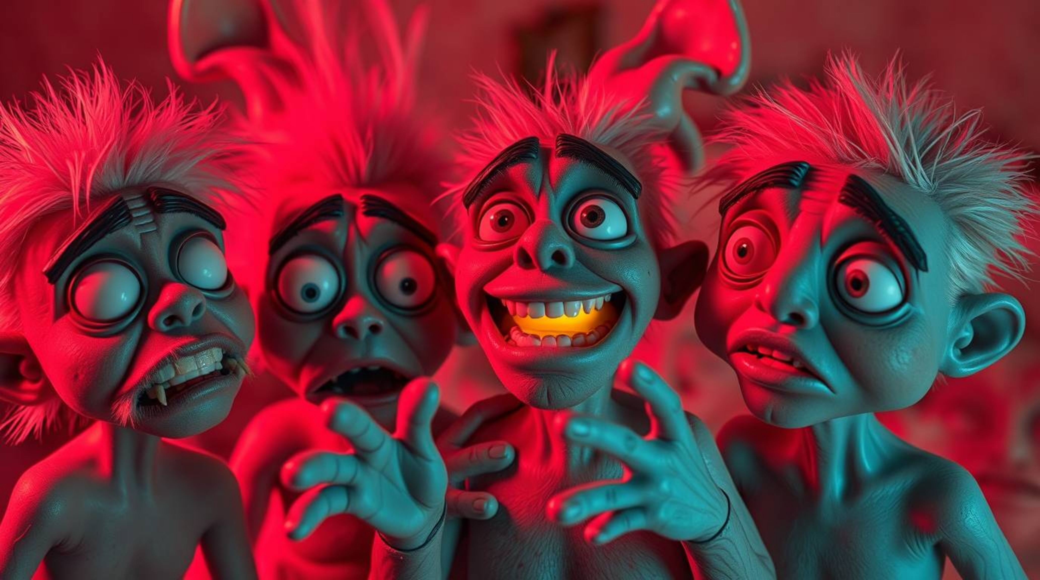 This comedic scene features a surreal, infrared-toned moment of gross-out humor. Characters boast exaggerated expressions and