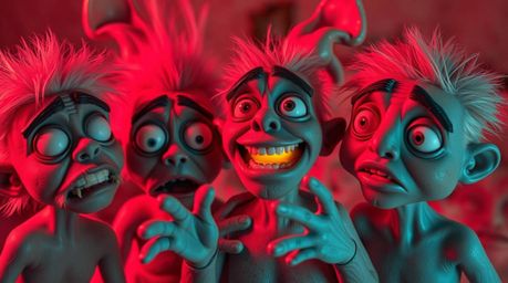 This comedic scene features a surreal, infrared-toned moment of gross-out humor. Characters boast exaggerated expressions and