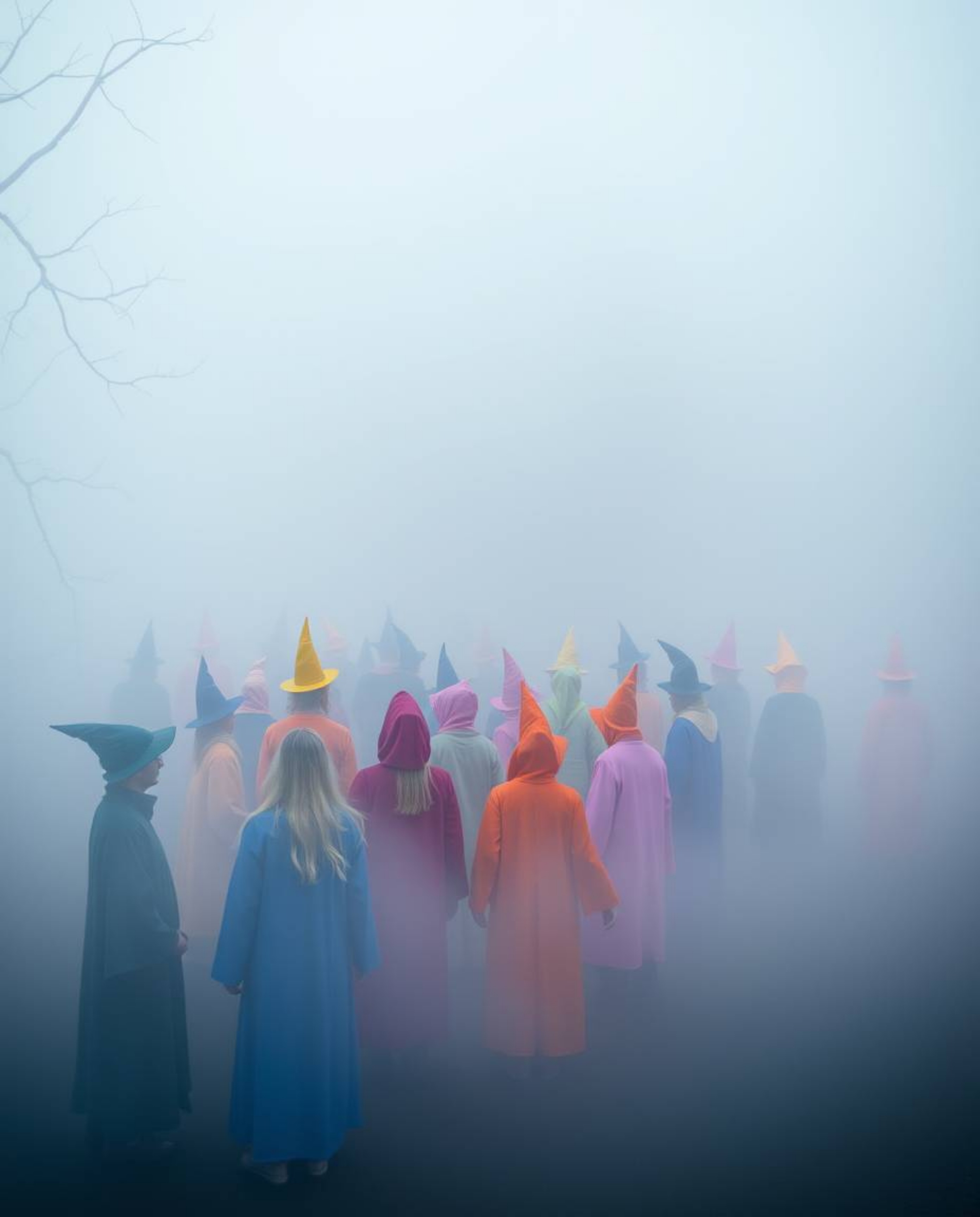 Thick fog hangs heavy over a magical school bustling with young wizards, their robes a riot of vibrant, complementary colors.