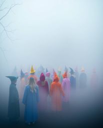Thick fog hangs heavy over a magical school bustling with young wizards, their robes a riot of vibrant, complementary colors.
