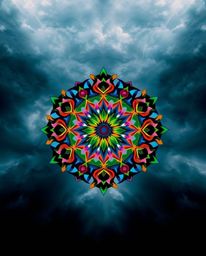A captivating geometric floral mandala bursts with vibrant colors and a symmetric design.  The intense, dramatic lighting evo