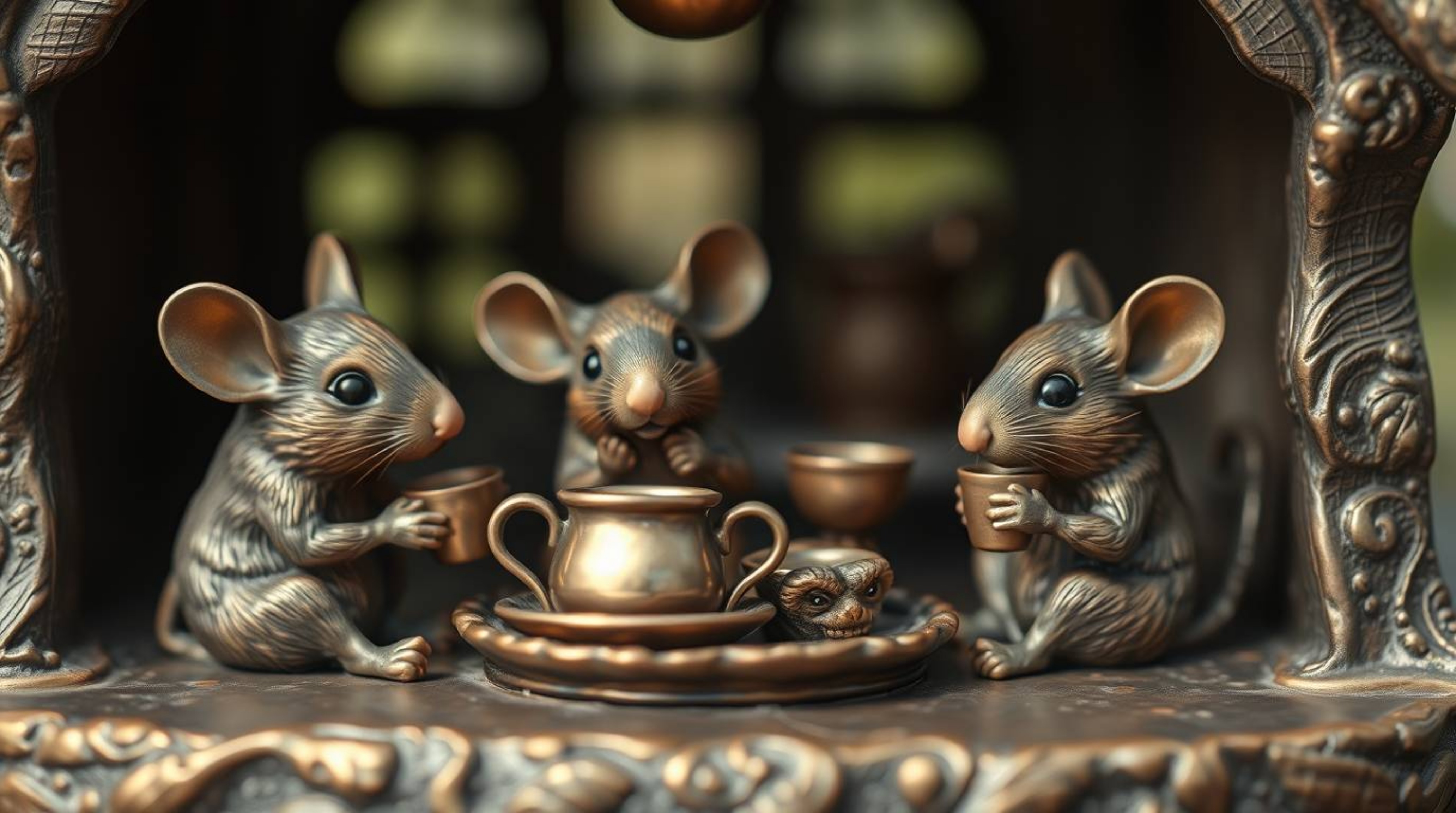 A captivating digital photograph showcases anthropomorphic mice engaged in a charming tea party within a cozy cottage setting