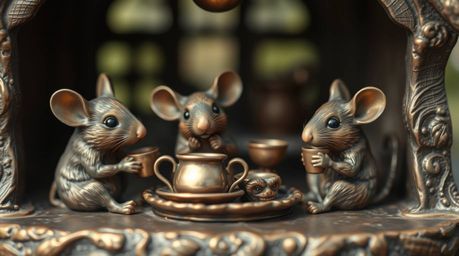 A captivating digital photograph showcases anthropomorphic mice engaged in a charming tea party within a cozy cottage setting