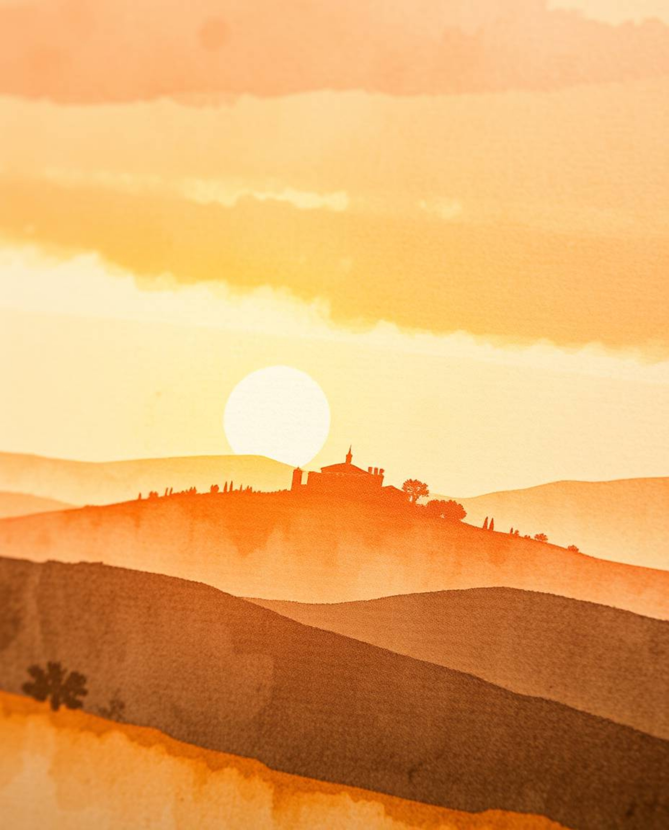 This is an extreme macro close-up of a delicate watercolor painting depicting a sunset over misty, rolling hills in Tuscany. 