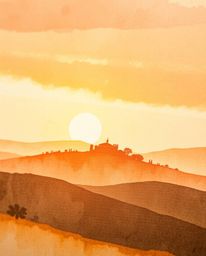 This is an extreme macro close-up of a delicate watercolor painting depicting a sunset over misty, rolling hills in Tuscany. 