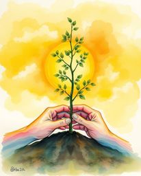 This delicate watercolor painting captures the serene moment of hands planting a tree under a breathtaking golden sky. Render