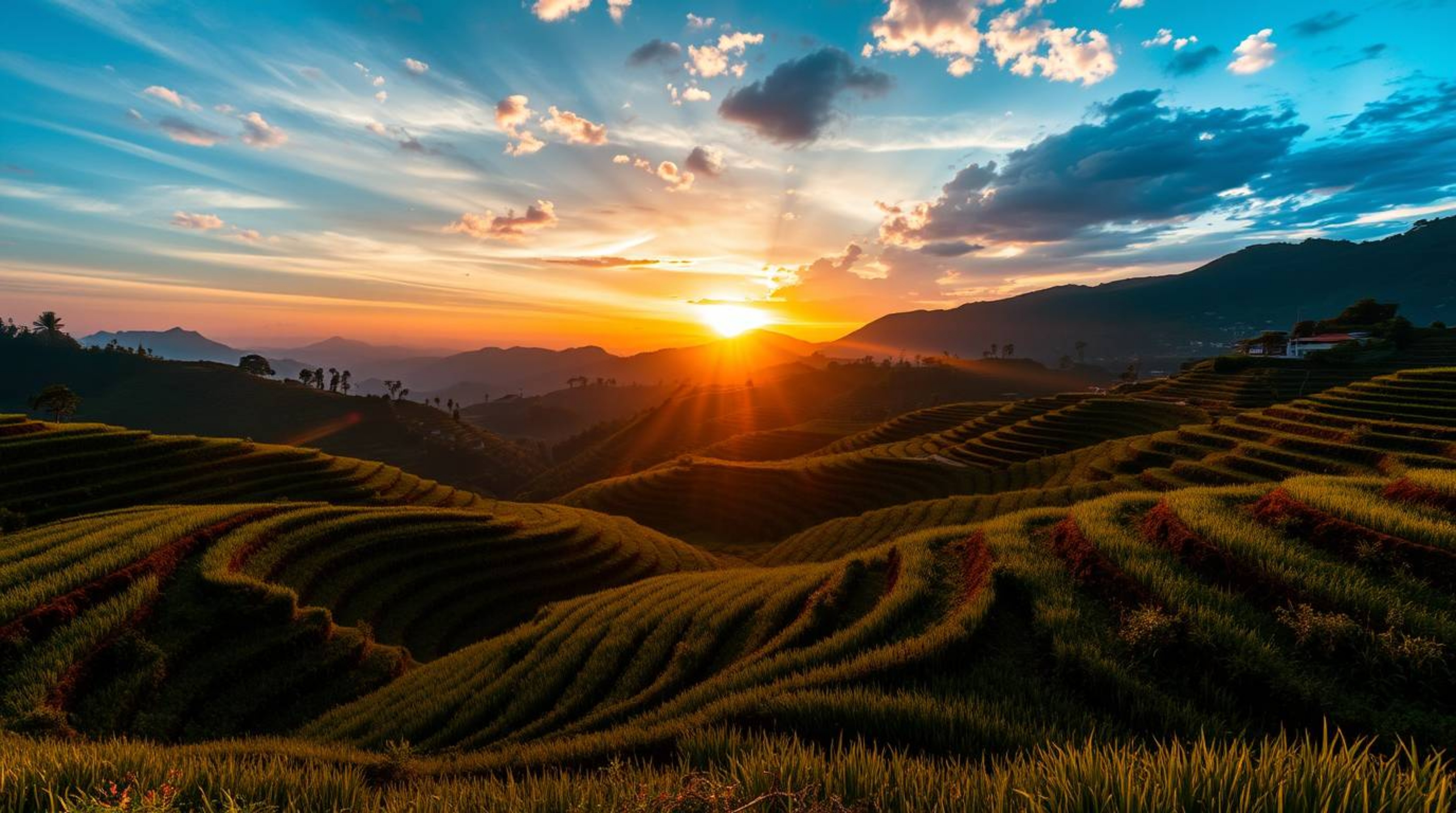 A breathtaking long-exposure photograph captures the epic beauty of a modern future sunset over expansive rice terraces.  Mas