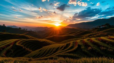 A breathtaking long-exposure photograph captures the epic beauty of a modern future sunset over expansive rice terraces.  Mas
