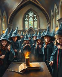 A captivating oil painting depicts a magical school brimming with young wizards.  The classic style features sharp focus on t
