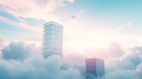 A captivating futuristic sci-fi scene depicts a modern glass building seamlessly dissolving into a soft, cloud-filled sky, re