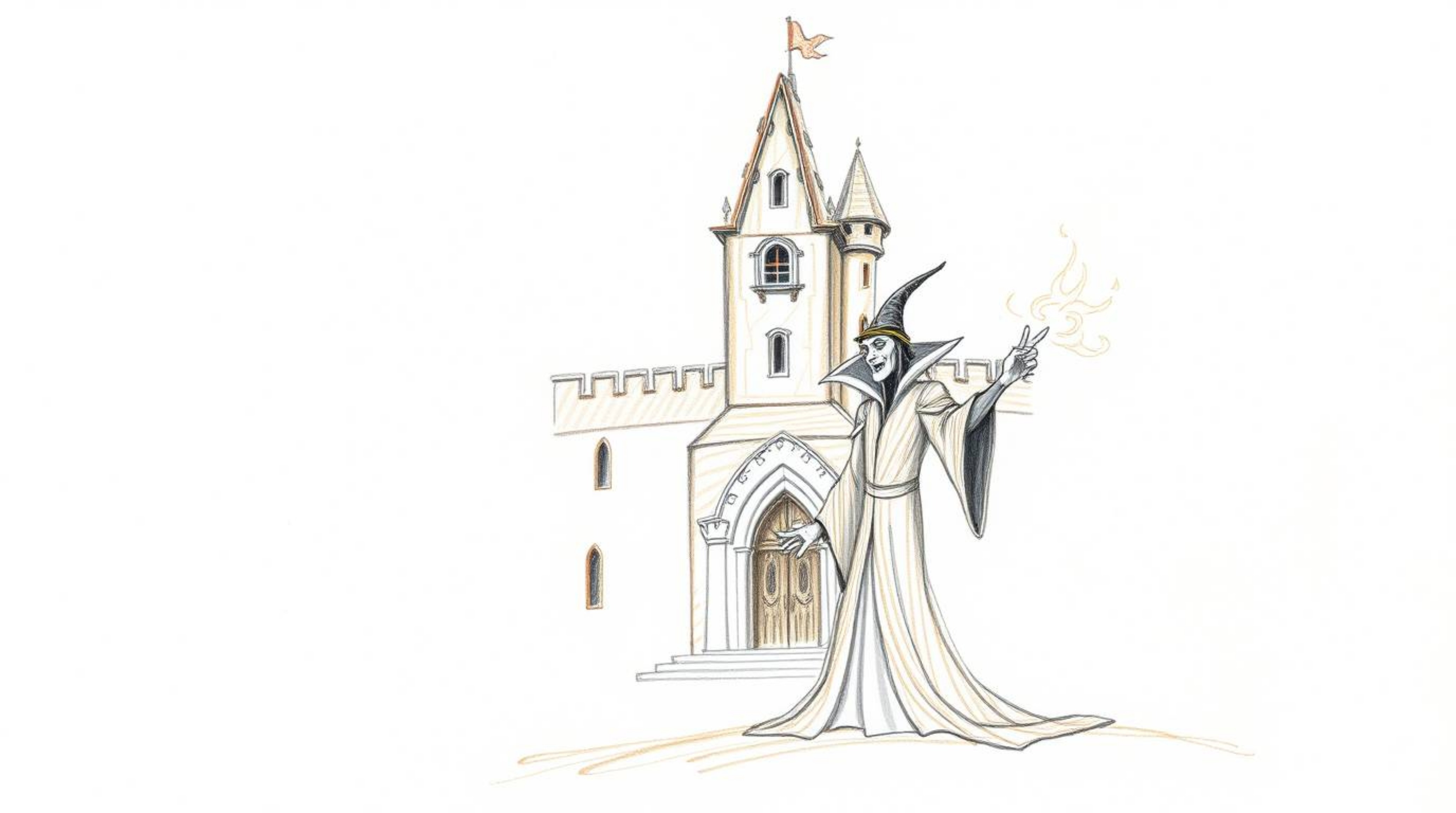 A captivating hand-drawn pencil sketch depicting a classic Disney villain casting a spell within the walls of an ancient cast