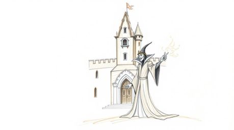 A captivating hand-drawn pencil sketch depicting a classic Disney villain casting a spell within the walls of an ancient cast