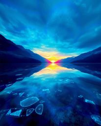 An ethereal and spiritual piece of creative light art depicting a glassy fjord reflecting a sunset. Dominated by blues, green