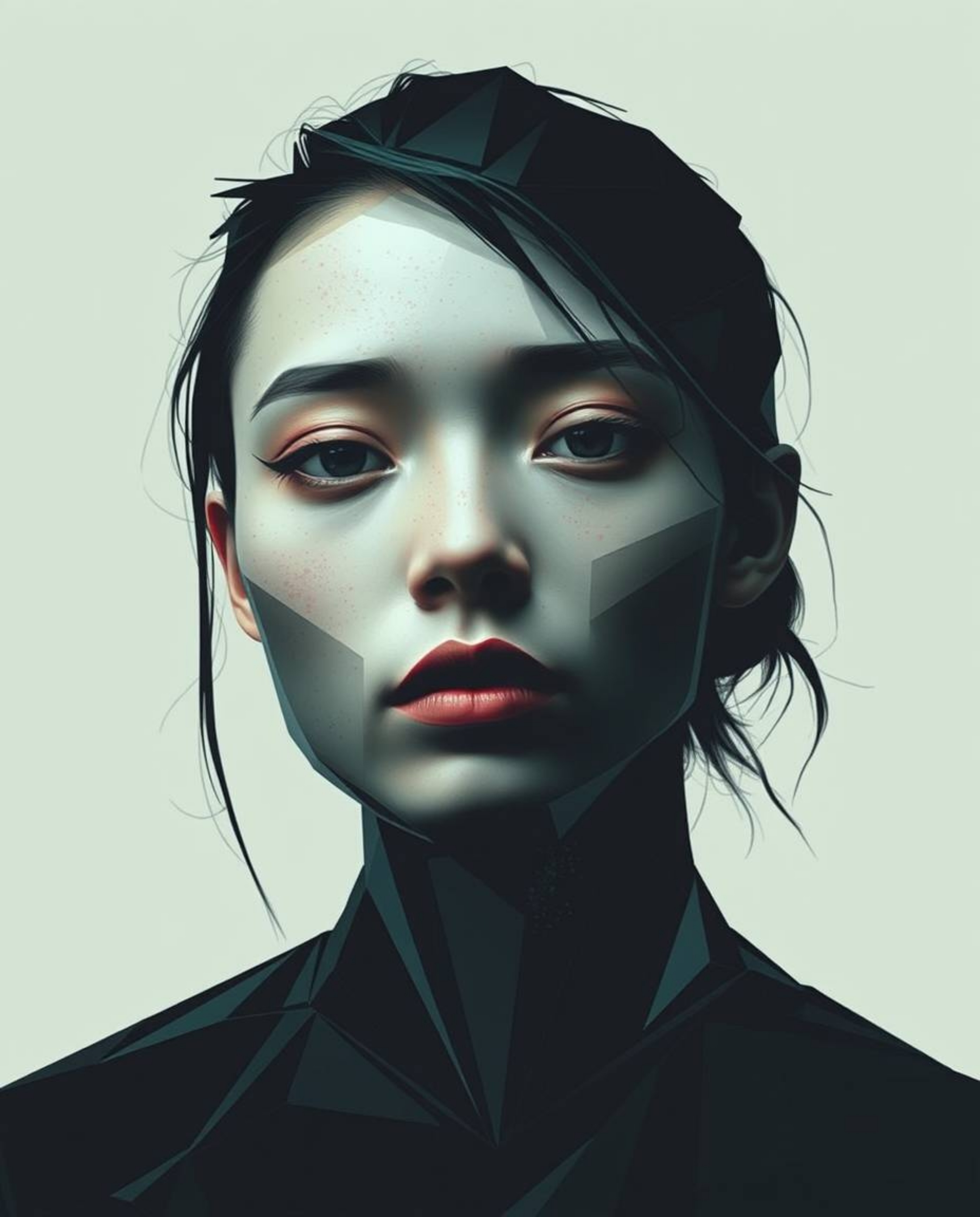 Discover stunning digital glitch art portraits featuring a unique blend of pixelated style, folded paper aesthetics, and geom