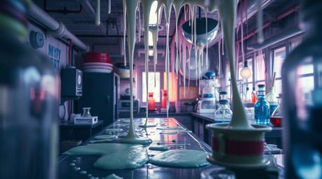Explore a tight close-up of a slime-covered science lab, capturing a mystic and enchanting environment with gentle color cont