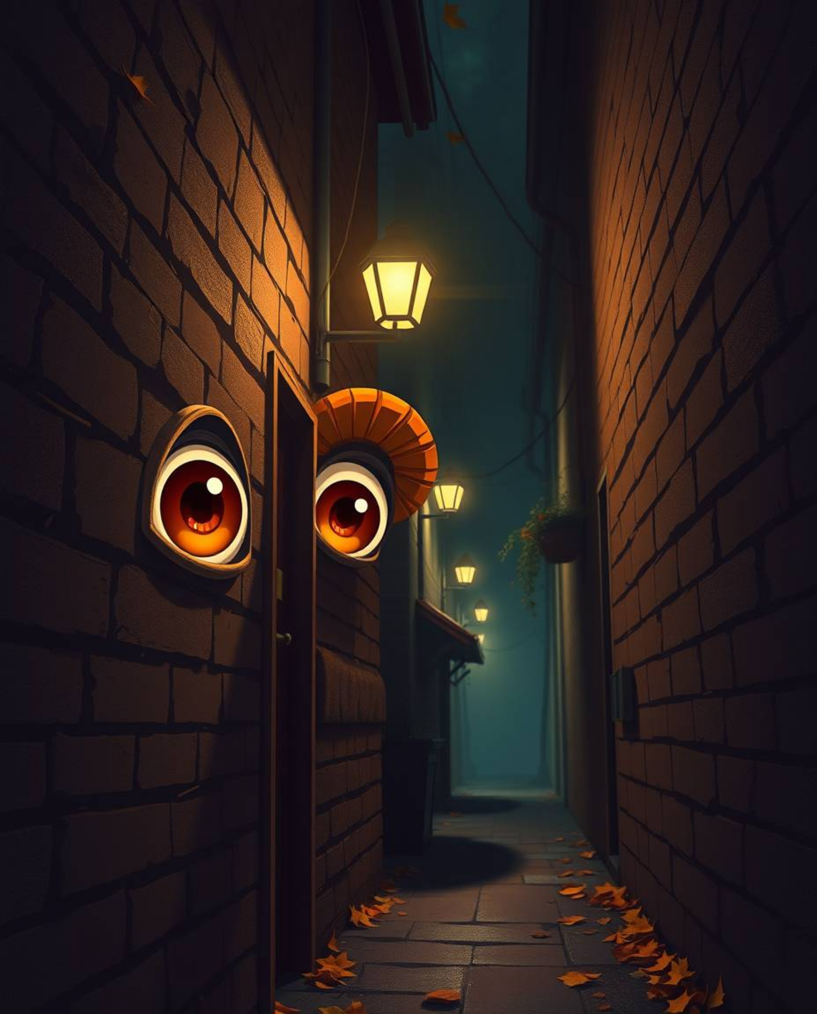 Eerie yet captivating scene depicting eyes watching from a shadowy alley at night, bathed in warm autumnal colors. The overal