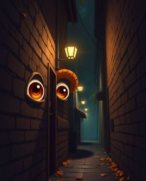 Eerie yet captivating scene depicting eyes watching from a shadowy alley at night, bathed in warm autumnal colors. The overal