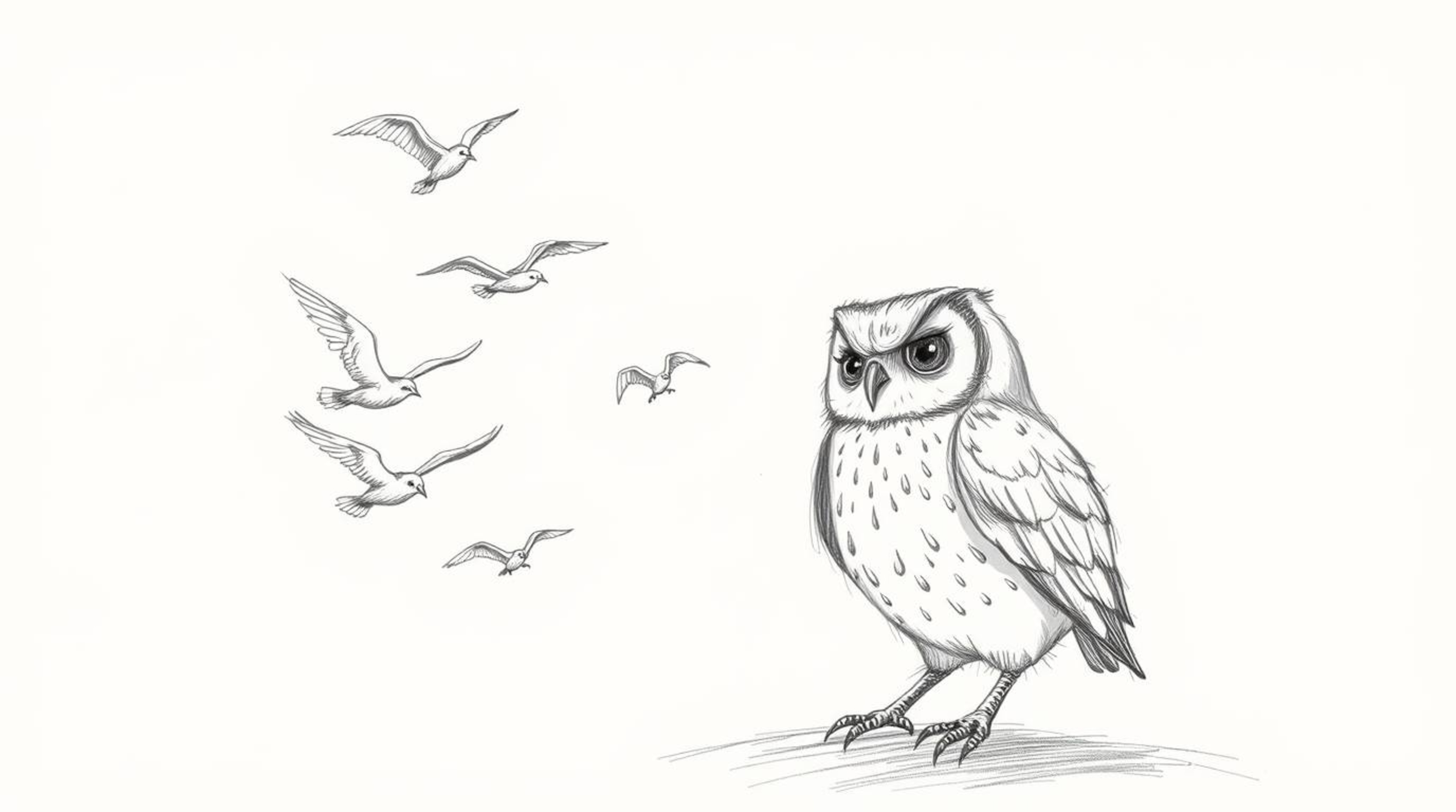 A heartwarming hand-drawn sketch in the style of Pixar depicts a wise, blind owl with soft feathers patiently teaching a floc