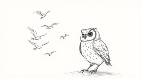 A heartwarming hand-drawn sketch in the style of Pixar depicts a wise, blind owl with soft feathers patiently teaching a floc